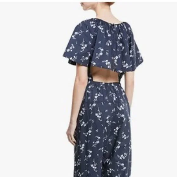 Rebecca Taylor Francine Floral Poplin Jumpsuit, Open Cape Back, Navy, Sz 6 - Picture 3 of 13